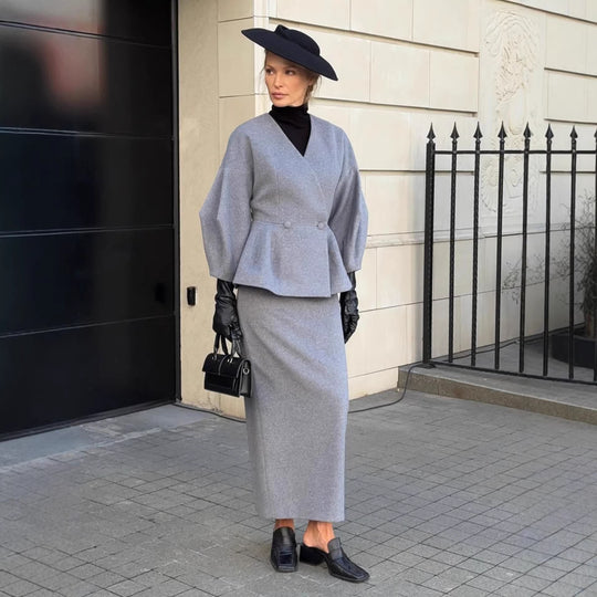 Damen Elegantes Bleistiftkleid mit schickem Blazer-Oberteil und Puffärmeln EB
