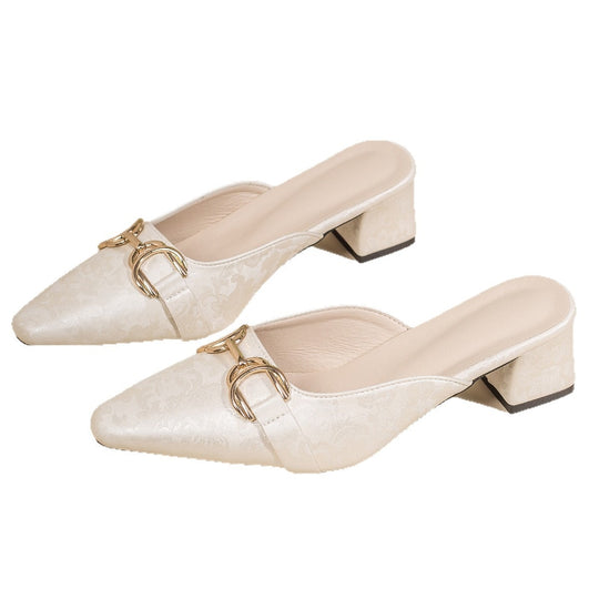 Damen elegante Slingback-Pantoletten mit hochwertiger Ledereinfassung und verziertem Blockabsatz EB