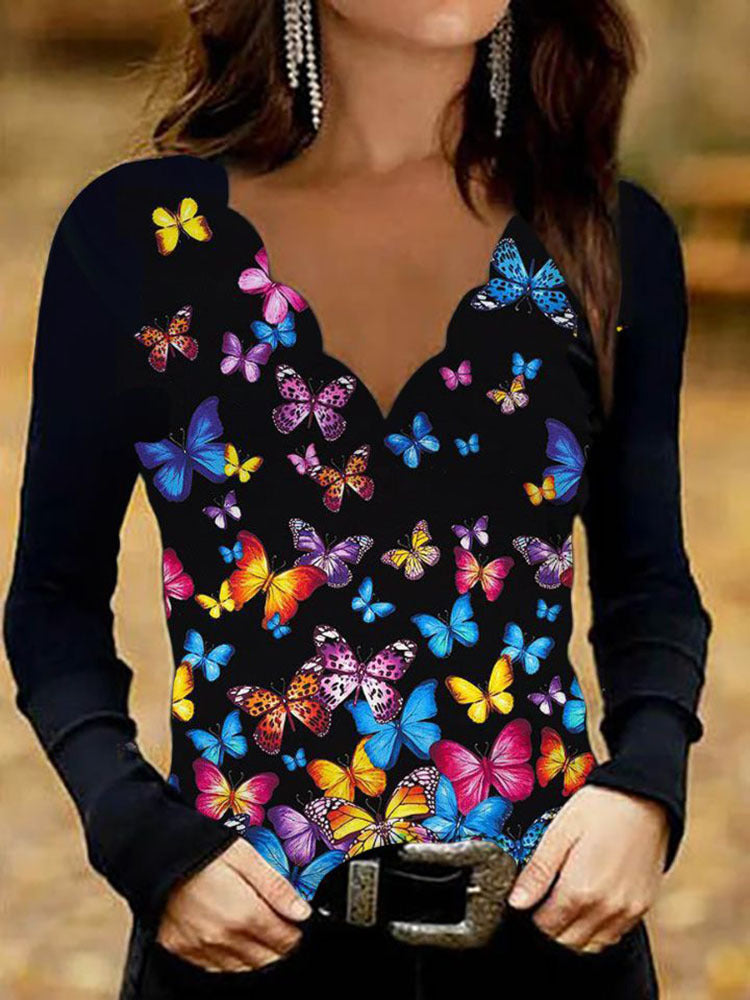Damen Glitzer-Intarsien Langarmshirt mit V-Ausschnitt und Schmuckstein-Effekt EB
