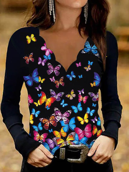 Damen Glitzer-Intarsien Langarmshirt mit V-Ausschnitt und Schmuckstein-Effekt EB