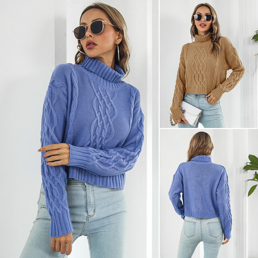 Damen Grobstrickpullover mit hohem Rollkragen und romantischem Zopfmuster EB