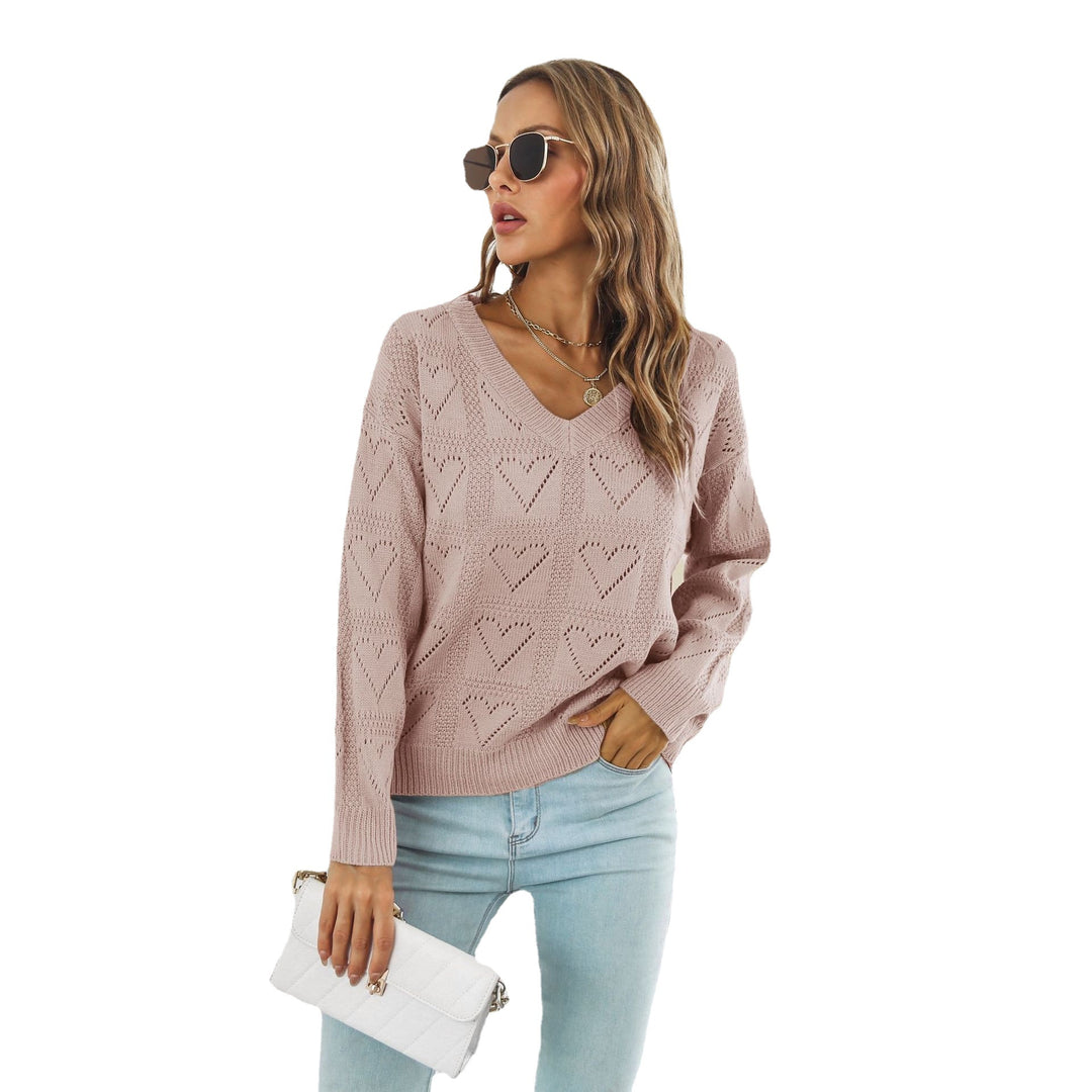 Damen modischer Strickpullover mit Herzmuster und V-Ausschnitt EB
