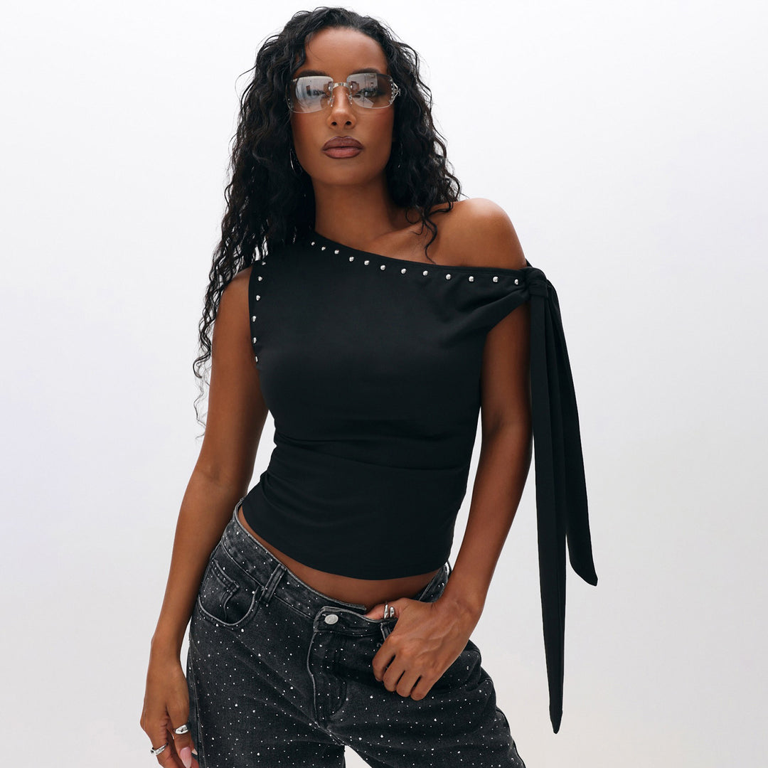 Damen Elegantes One-Shoulder Top mit dekorativen Steinen EB