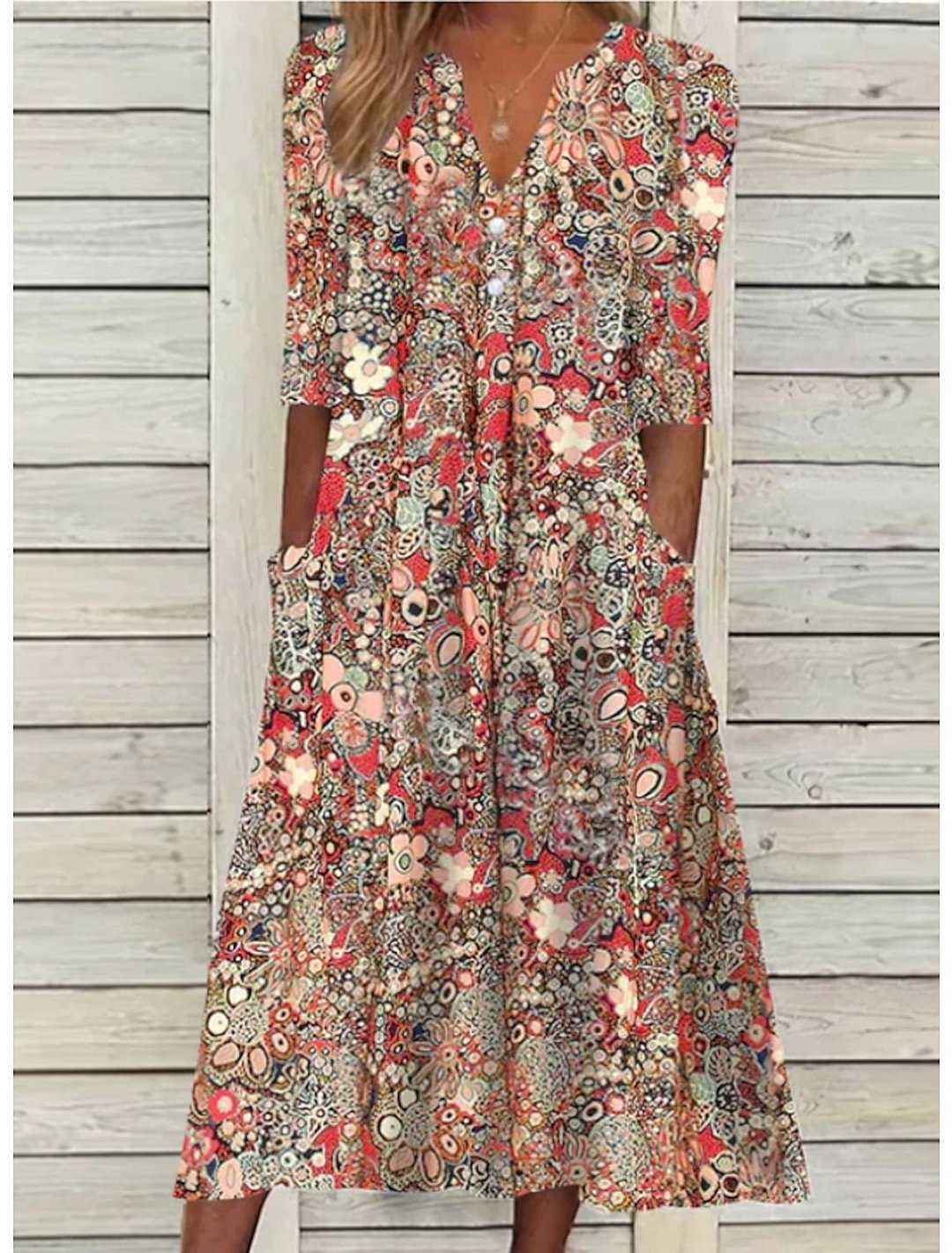 EB | Blumen Midi Kleid mit Taschen