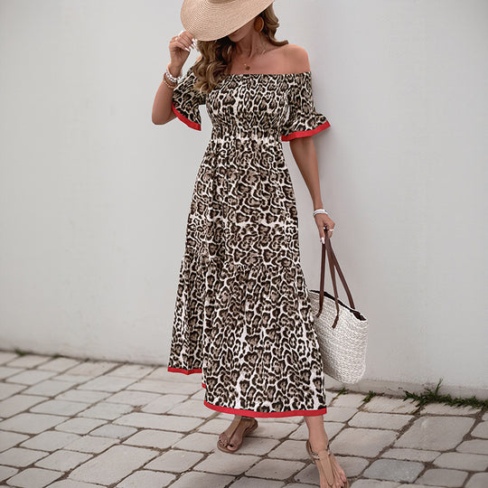Damen Off-Shoulder Maxikleid mit tierischem Muster und Rüschendetails EB
