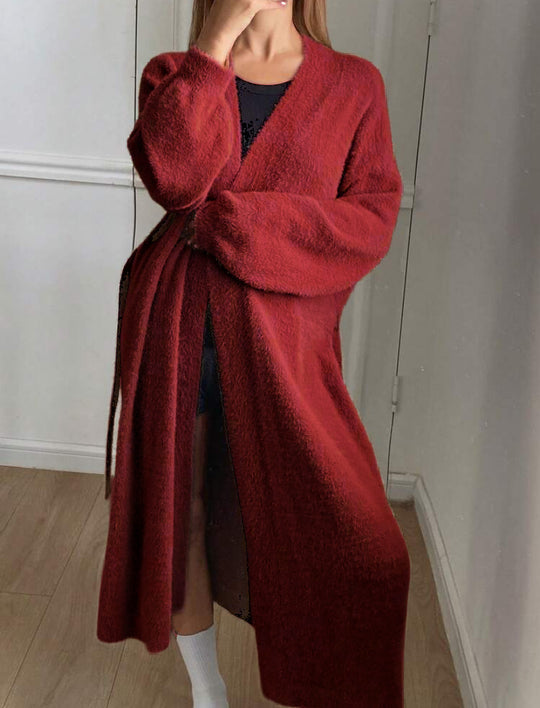 Damen Langer Wickel-Cardigan in Flausch-Optik mit Bindegürtel EB