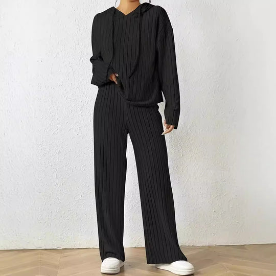 Damen lässiges Strickset mit weichem Hoodie und weiten Hosen EB
