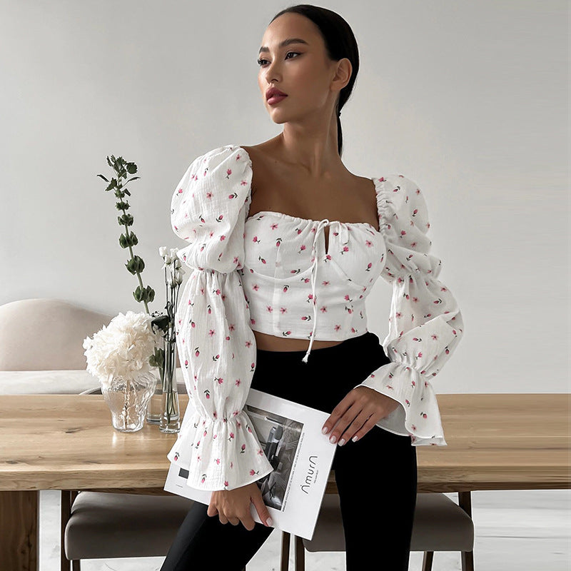 Damen Bluse mit Puffärmeln und Blumendruck EB