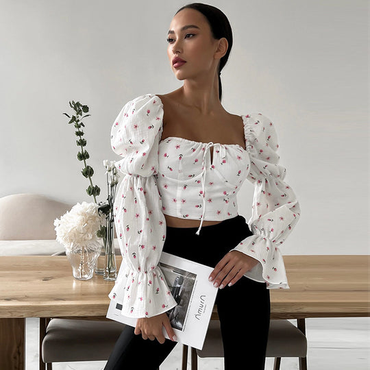 Damen Bluse mit Puffärmeln und Blumendruck EB