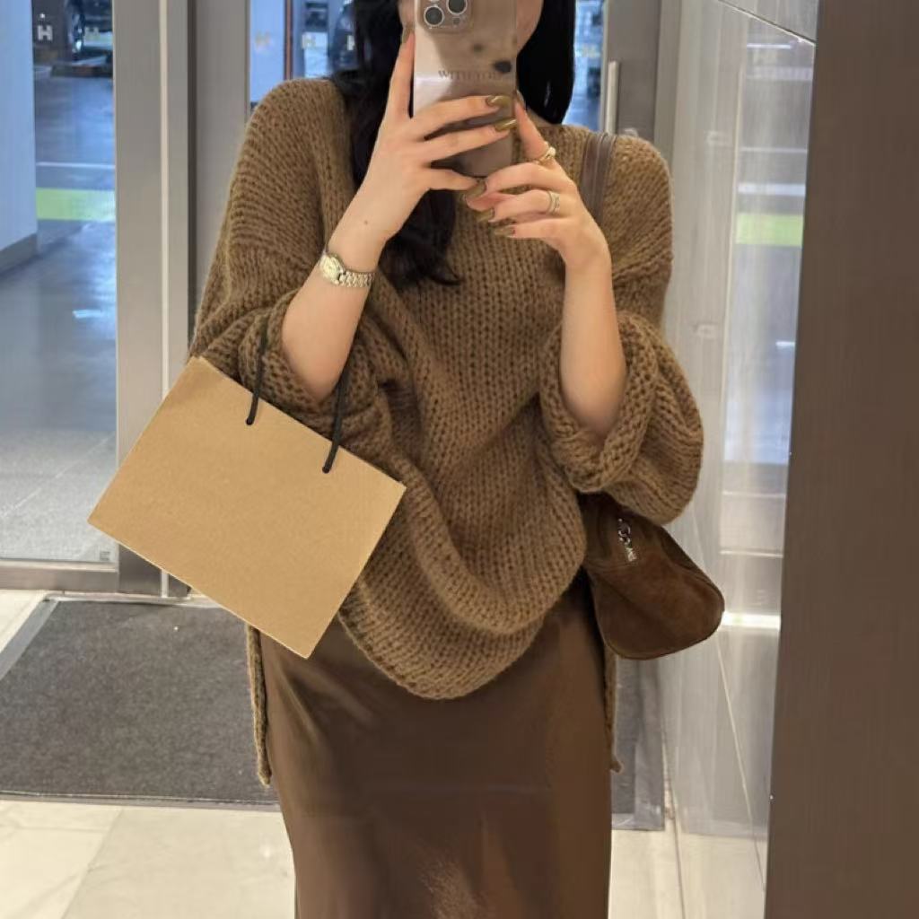 EB | Übergröße Pullover Grobstrick Off Shoulder Langarm Freizeitfit
