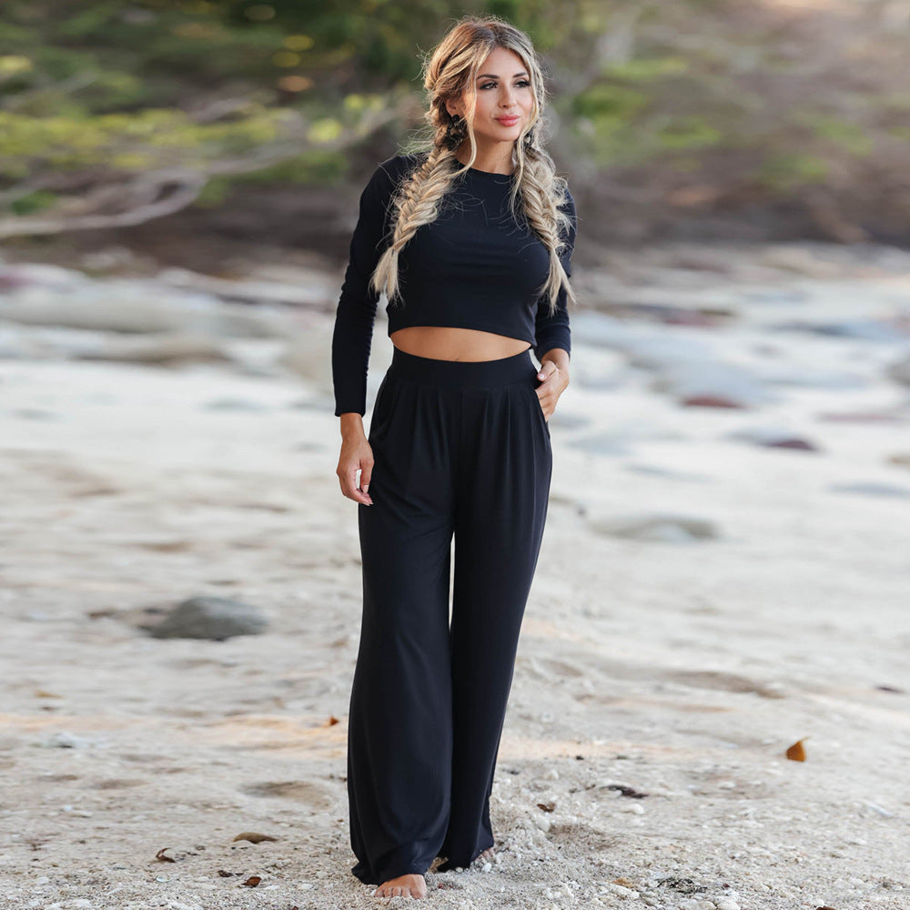 Damen Lässiger Wide-Leg Jumpsuit mit langen Ärmeln und praktischen Taschen EB