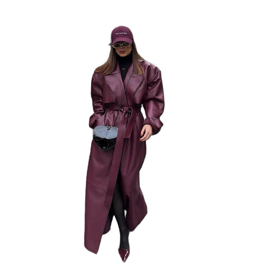Damen elegante Kunstlederjacke mit voluminösen Ärmeln und Taillengürtel EB