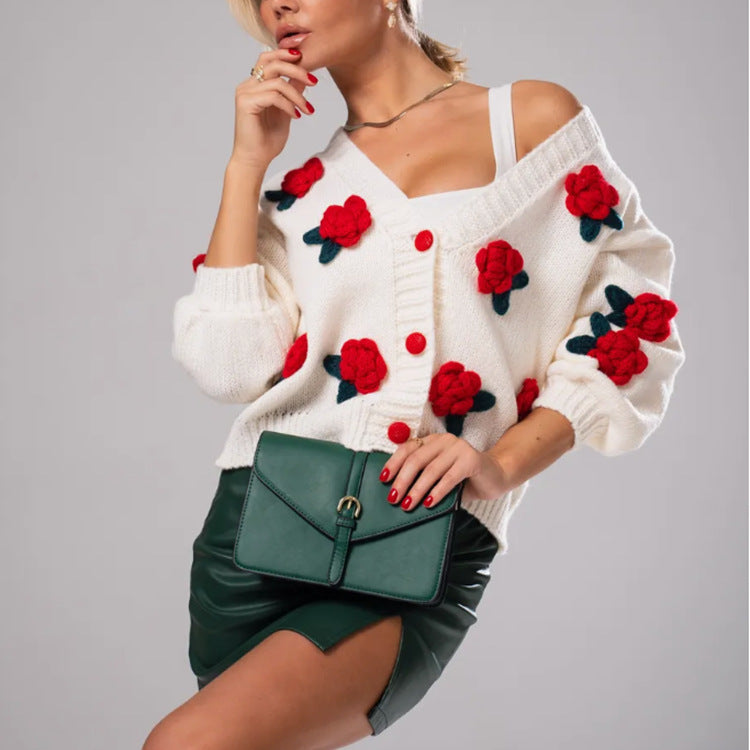 Damen Geblümter Strick-Cardigan mit 3D-Blumenapplikationen und V-Ausschnitt EB