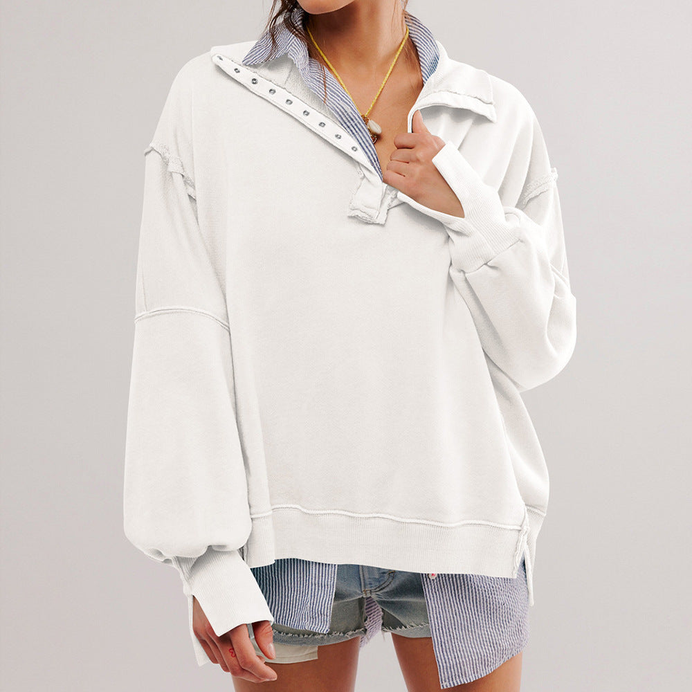 Damen Oversize Pullover mit Kragen und Druckknöpfen EB