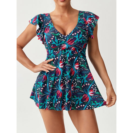 Damen Einteiler Badeanzug mit femininer Raffung und floralem Design EB