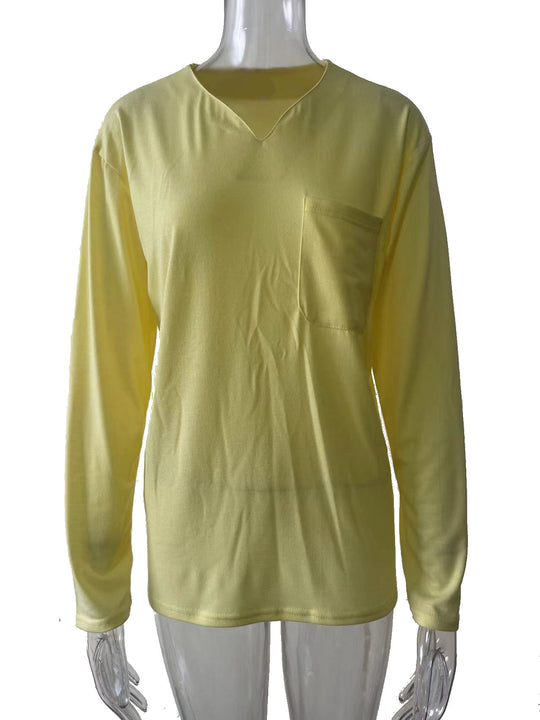 Damen nan legeres Langarmshirt mit V-Notch-Ausschnitt, Brusttasche und lockerer Oversize-Passform EB