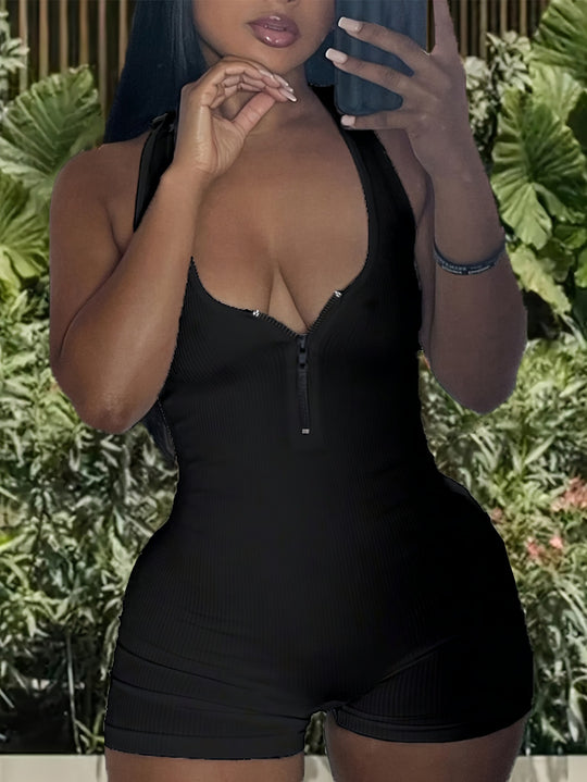 Damen Jumpsuit mit tiefem Ausschnitt und Reißverschluss EB
