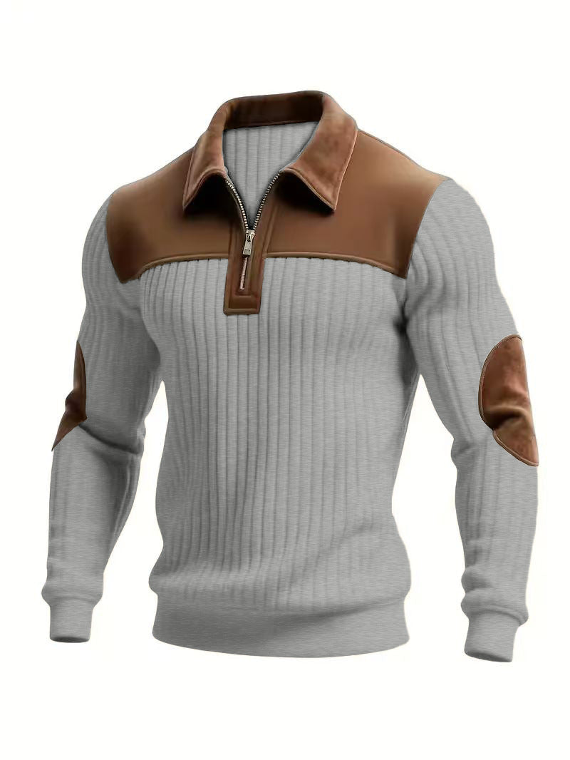 Herren nan gerippter Halbzip-Pullover mit kontrastierenden Lederapplikationen an Schultern und Ellenbogen EB