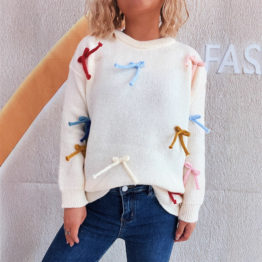 Damen kreativer Pullover mit bunten Schleifenakzenten EB