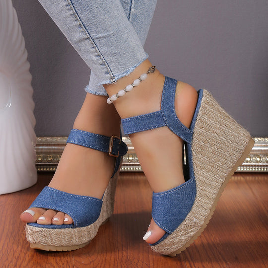 Damen Wedge-Sandaletten aus strapazierfähigem Denim mit stilvollem Riemendesign EB