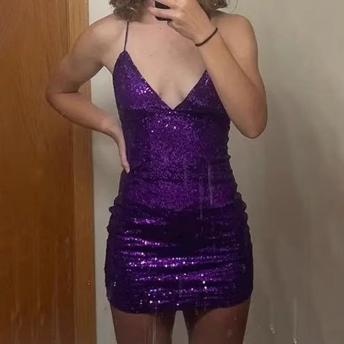 Damen Glitzerndes Minikleid mit tiefem V-Ausschnitt und Spaghettiträgern EB