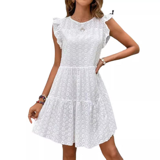 Damen Sommerkleid mit Blumenstickerei und Rüschendetails EB