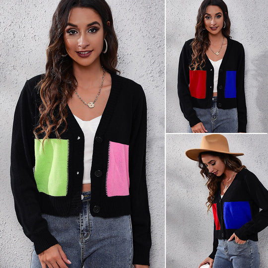 Damen Modische Strickjacke mit bunten Taschen und tiefem V-Ausschnitt EB