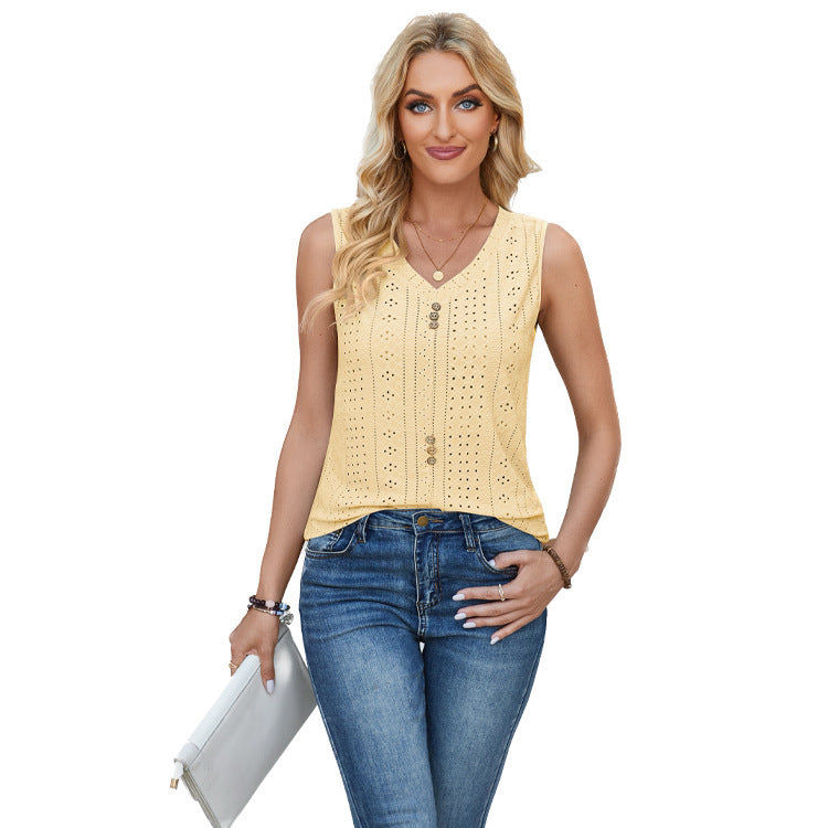 Damen ärmelloses Blusenshirt mit Knopfdetails und romantischem Lochmuster EB