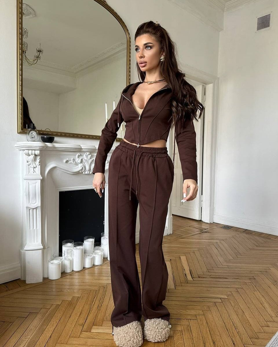 Damen tailliertes Cropped-Kapuzensweatshirt mit verdecktem Reißverschluss und High-Waist Wide-Leg Jogginghose Set EB
