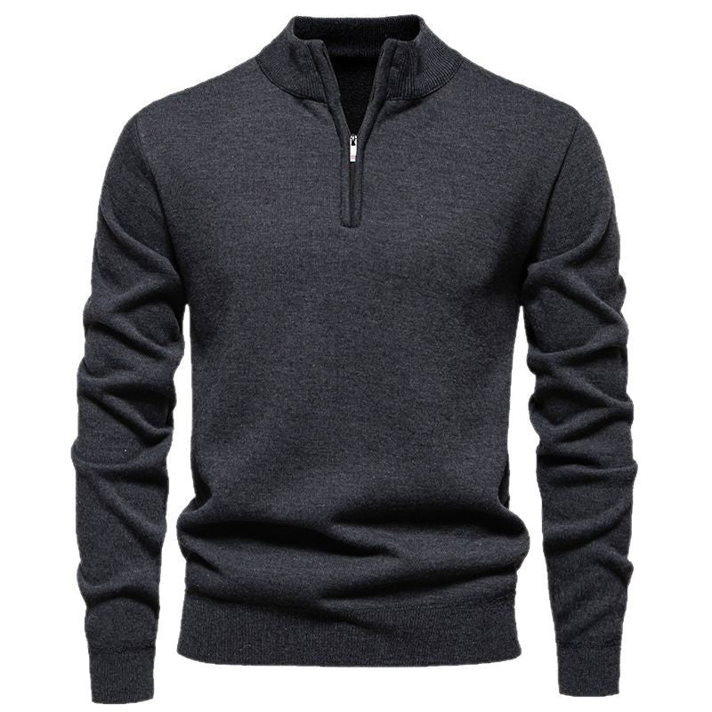 Herren nan Slim-Fit Feinstrickpullover mit kurzem Reißverschluss, Stehkragen und geripptem Bund EB
