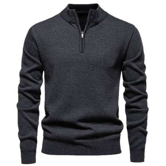 Herren nan Slim-Fit Feinstrickpullover mit kurzem Reißverschluss, Stehkragen und geripptem Bund EB