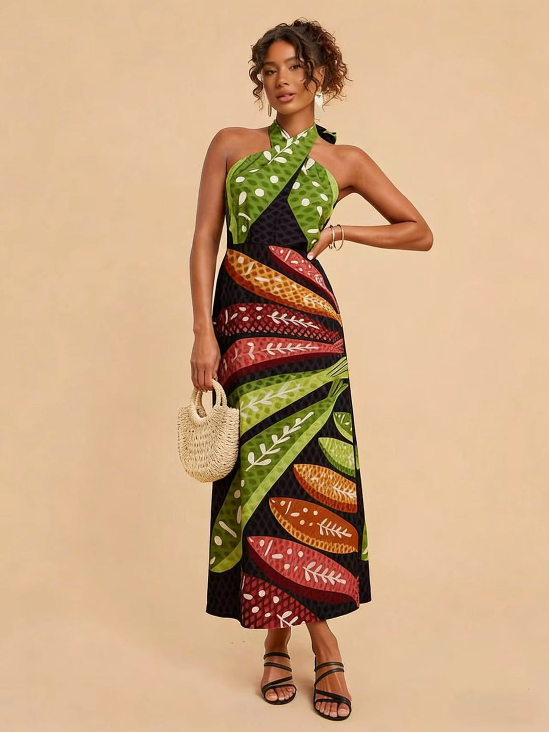Damen Halterneck Maxikleid mit buntem Blattdesign und schwingendem Schnitt R&B
