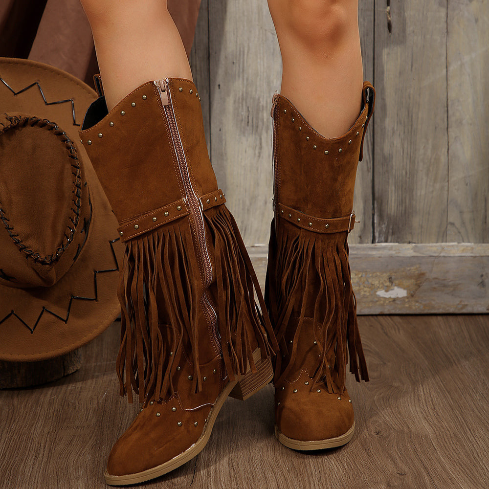 Damen Fransen-Stiefel mit Nietenverzierungen und Blockabsatz EB