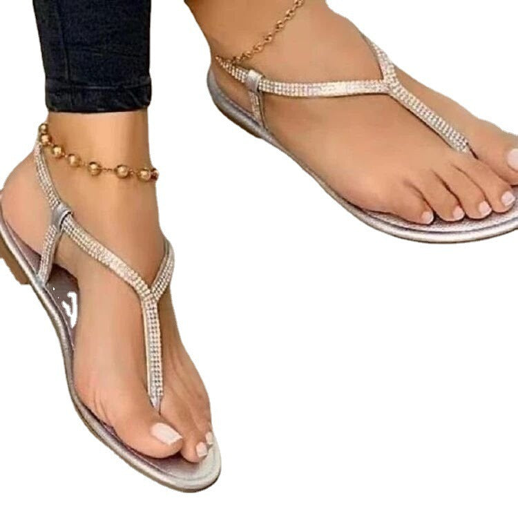 Damen Flache Zehentrenner‑Sandalen mit T‑Riemen und Strassbesatz EB