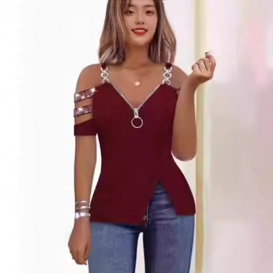 Damen Elegantes Oberteil mit asymmetrischem Schnitt und dekorativem Reißverschluss EB
