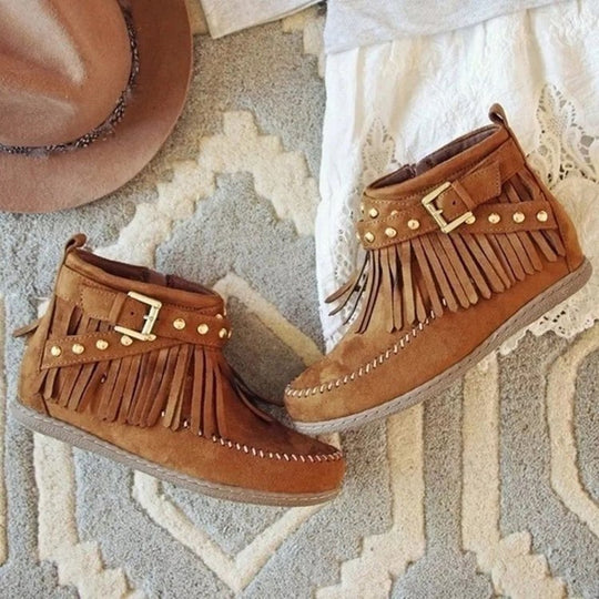 Damen Mokassin Stiefeletten mit modischen Fransen und dekorativen Nieten EB