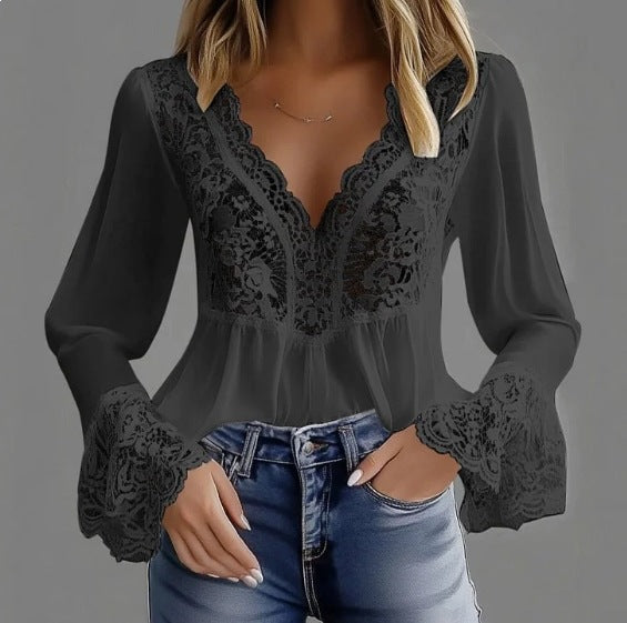 Damen elegante Bluse mit Spitzendetails und gerafftem Saum EB