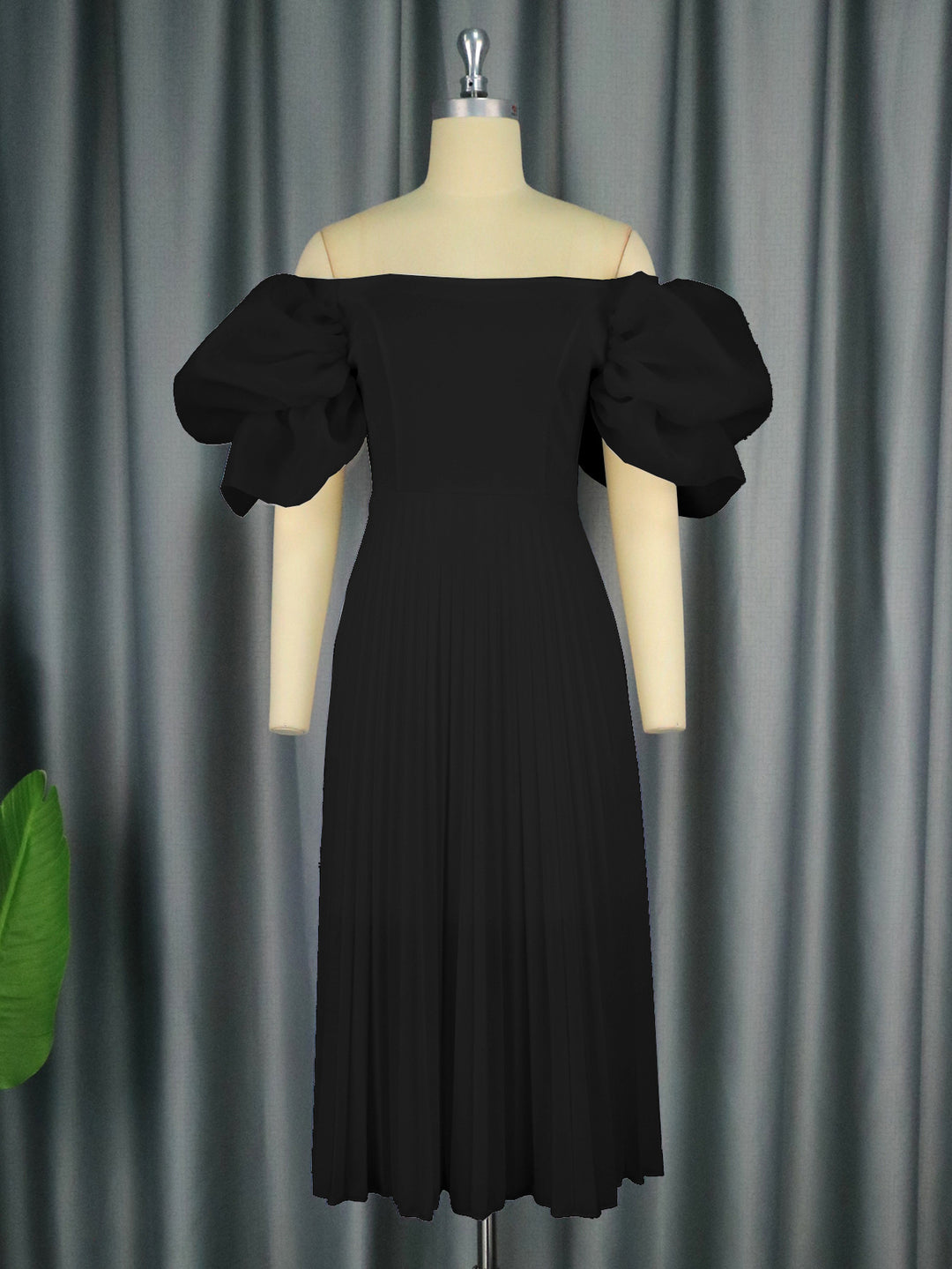 Damen elegantes Midikleid mit Puffärmeln und plissiertem Rock EB