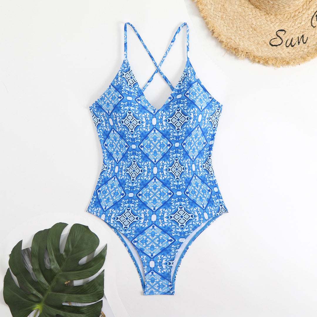 Damen Triangel-Bikini mit verspieltem Karomuster und schmalen Bindebändern EB