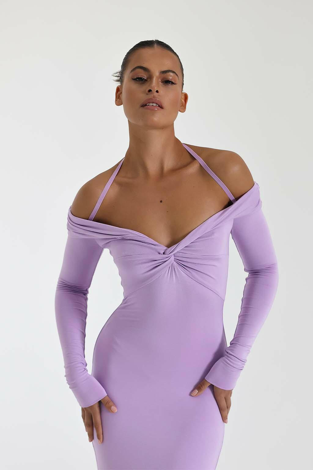 Damen Maxi-Kleid mit Off-Shoulder Design und elegantem Schlitz EB