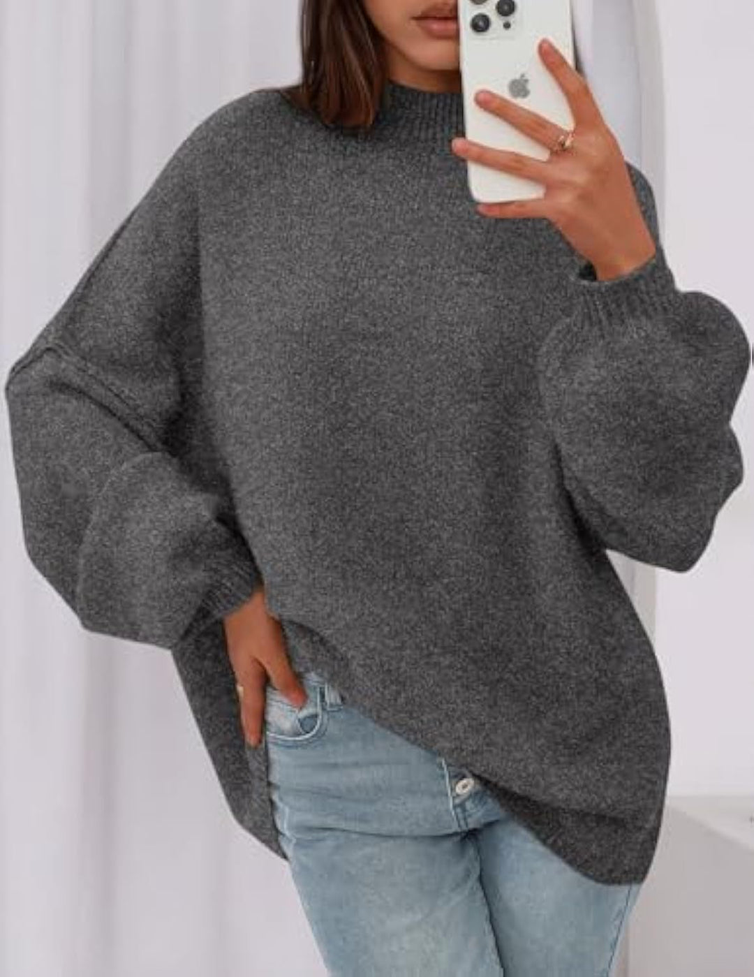 Damen Oversize-Strickpullover mit Stehkragen und Ballonärmeln EB
