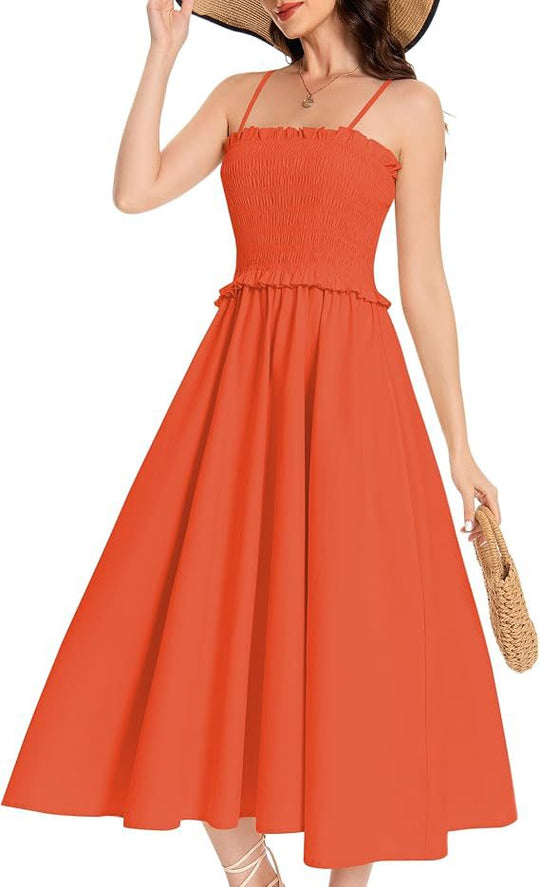Damen Maxikleid mit elastischem Oberteil und fließendem Rock EB
