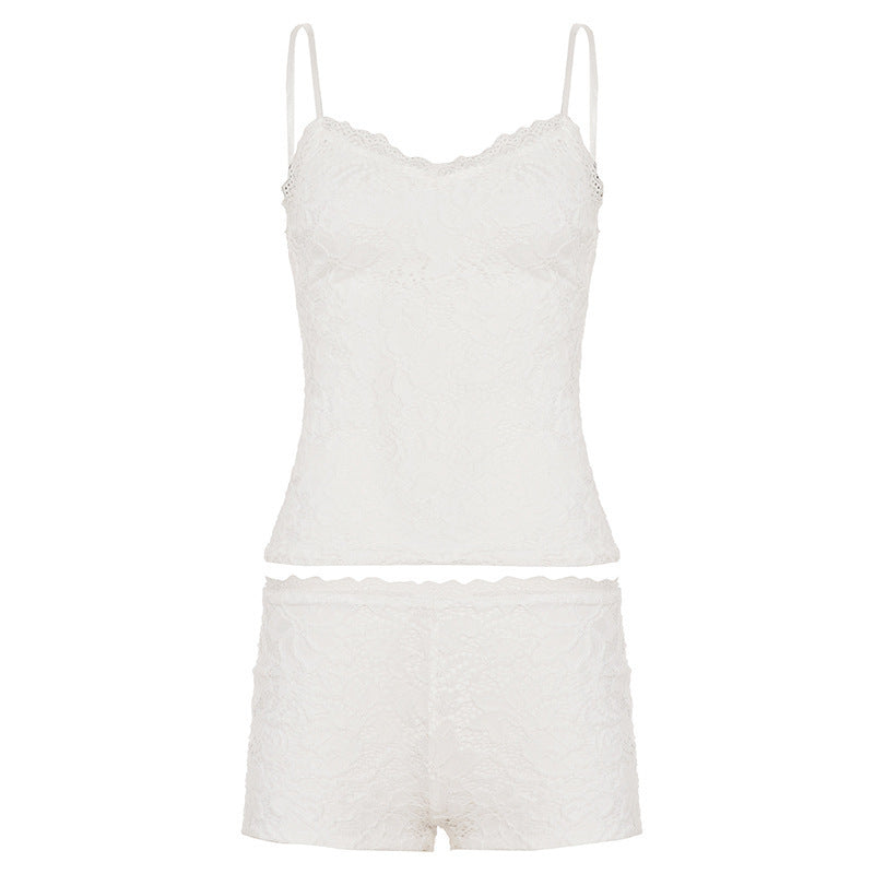 Damen Elegantes Spitzen-Nachtwäsche Set mit Schnürdetails EB