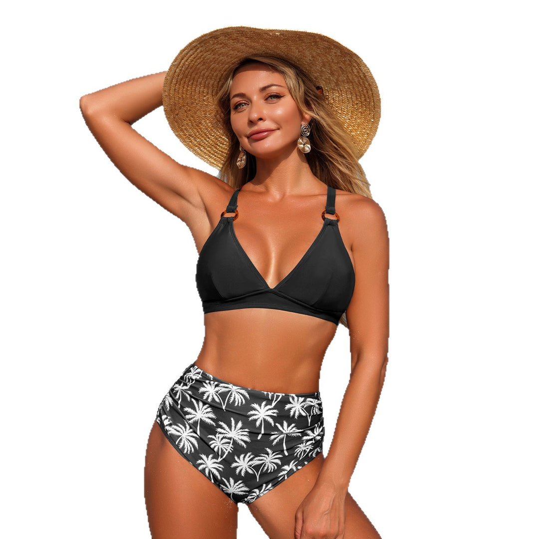 Damen Hochtailliertes Bikini-Set mit verstellbaren Trägern und modischem Palmen-Motiv EB