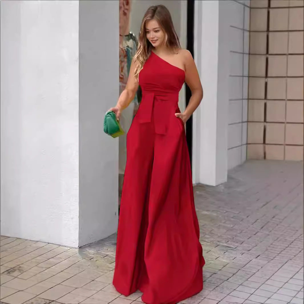 Damen Eleganter Ein-Schulter Jumpsuit mit Gürtel und weitem Bein EB