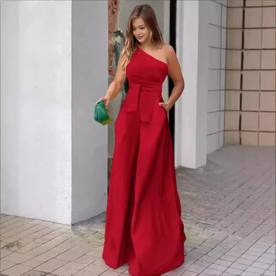 Damen Eleganter Ein-Schulter Jumpsuit mit Gürtel und weitem Bein EB