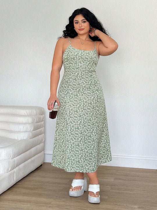 Damen Maxikleid mit feinem Blumenmuster und verstellbaren Spaghettiträgern EB
