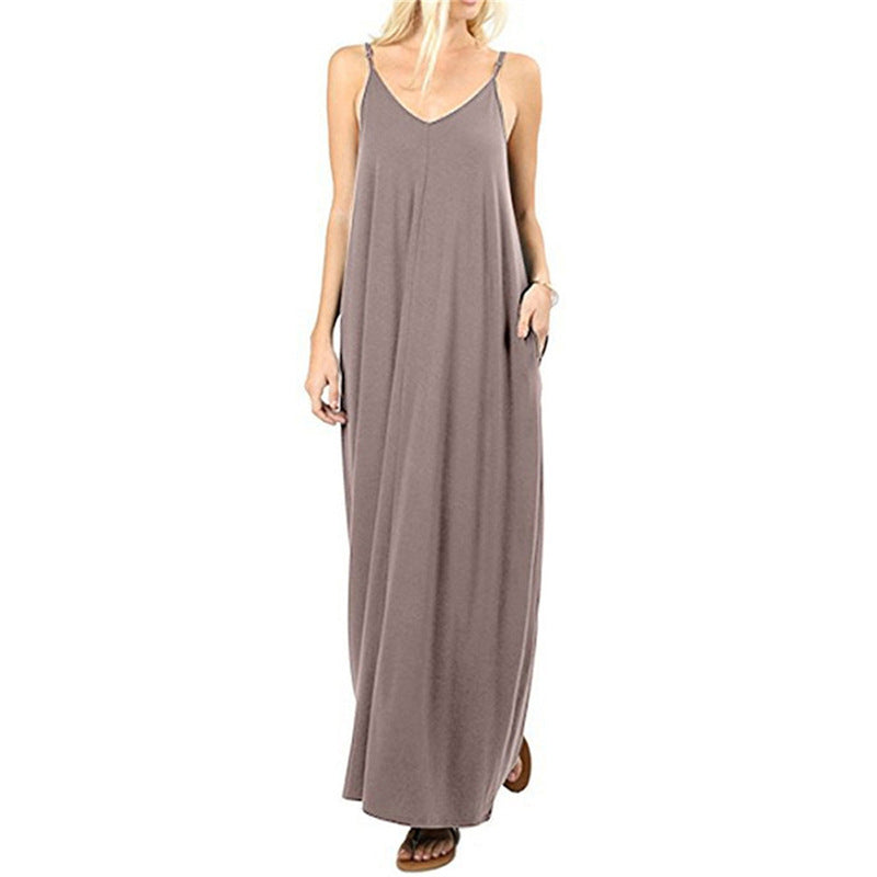 Damen Maxikleid mit spaghettiträgern und praktischen seitlichen Taschen EB