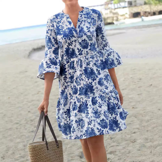Damen Blumenkleid mit voluminösen Ärmeln und eleganter Passform EB