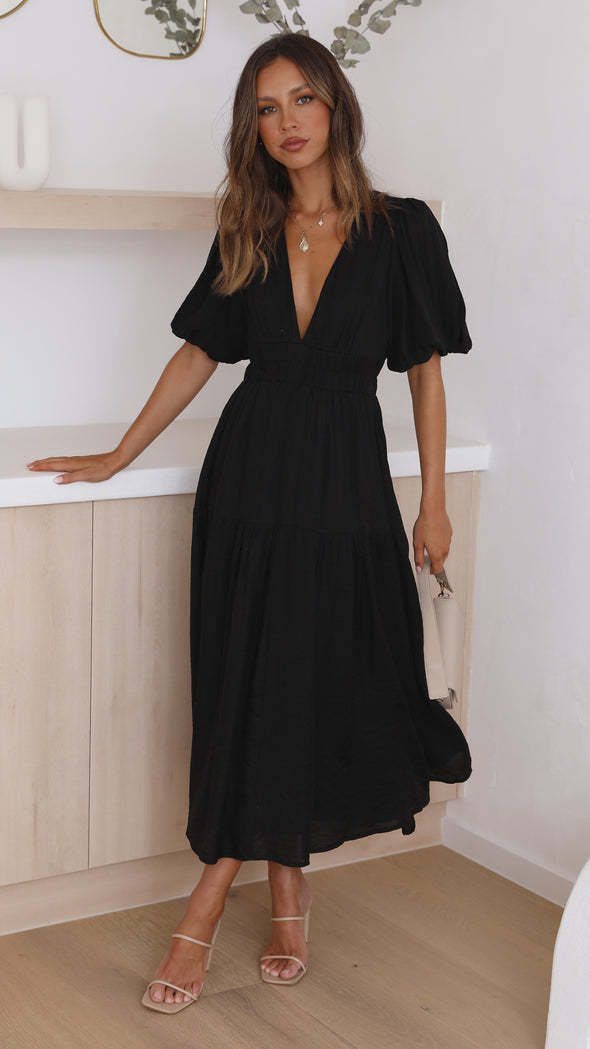 Damen Maxikleid mit weiten Puffärmeln und elastischem Taillenzug EB